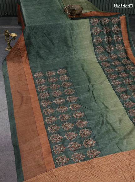 Semi tussar saree dark green and brown with plain body and embroidered pallu