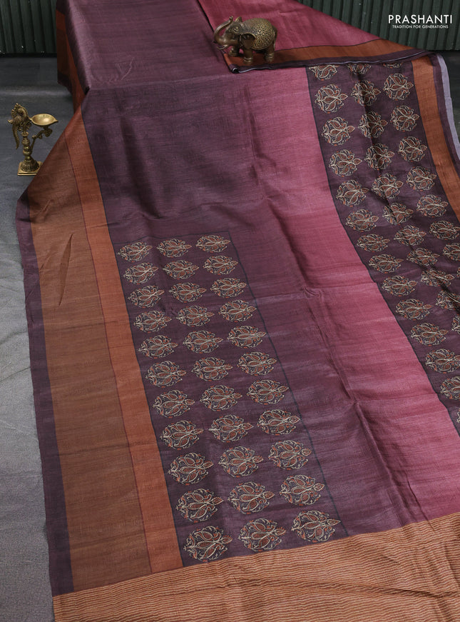 Semi tussar saree maroon and brown with plain body and embroidered pallu