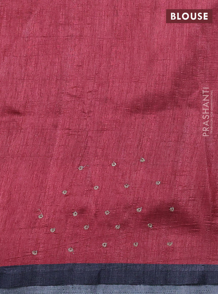 Semi tussar saree grey and maroon with plain body and embroidered pallu