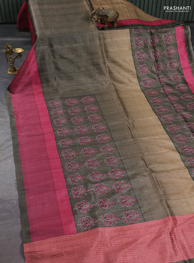 Semi tussar saree green and pink with plain body and embroidered pallu