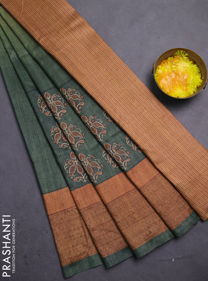 Semi tussar saree green and brown with plain body and embroidered pallu