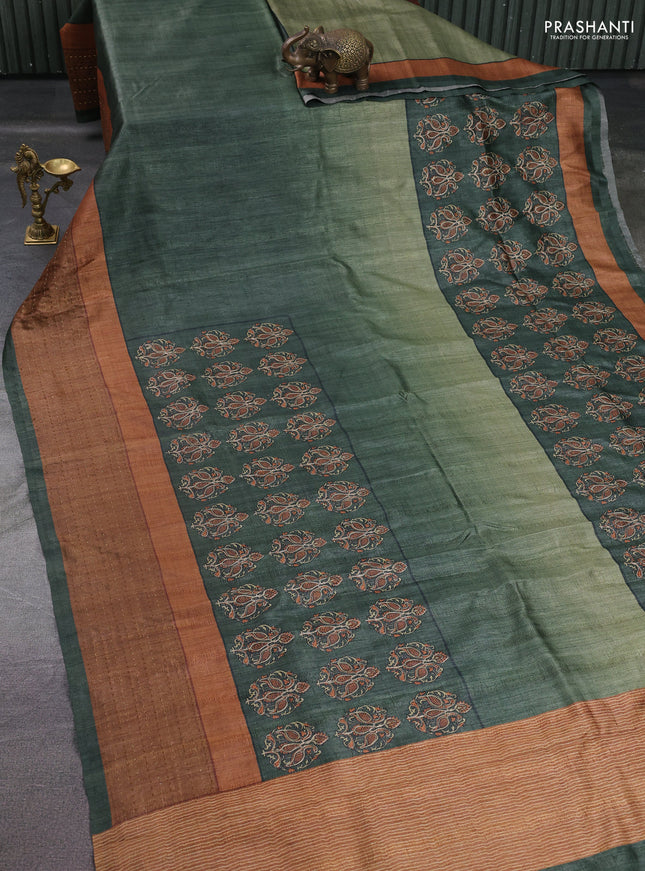 Semi tussar saree green and brown with plain body and embroidered pallu