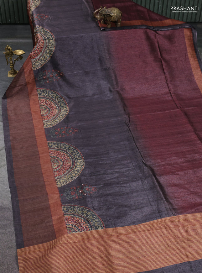 Semi tussar saree rust shade and brown with plain body and mirror embridery work