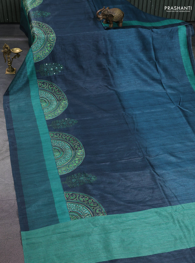Semi tussar saree grey and teal green with plain body and mirror embridery work