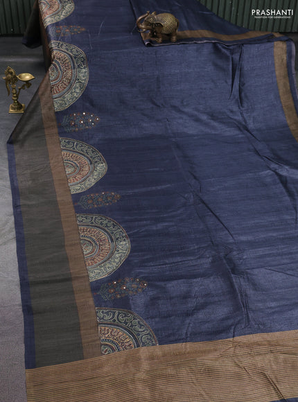 Semi tussar saree grey and brown with plain body and mirror embridery work