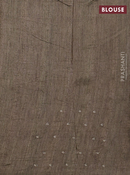 Semi tussar saree grey and brown with plain body and mirror embridery work