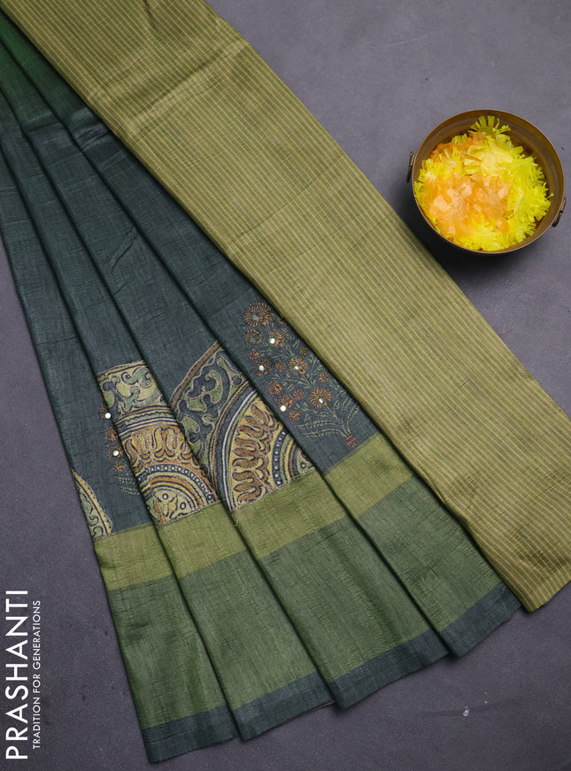 Semi tussar saree grey and green with plain body and mirror embridery work