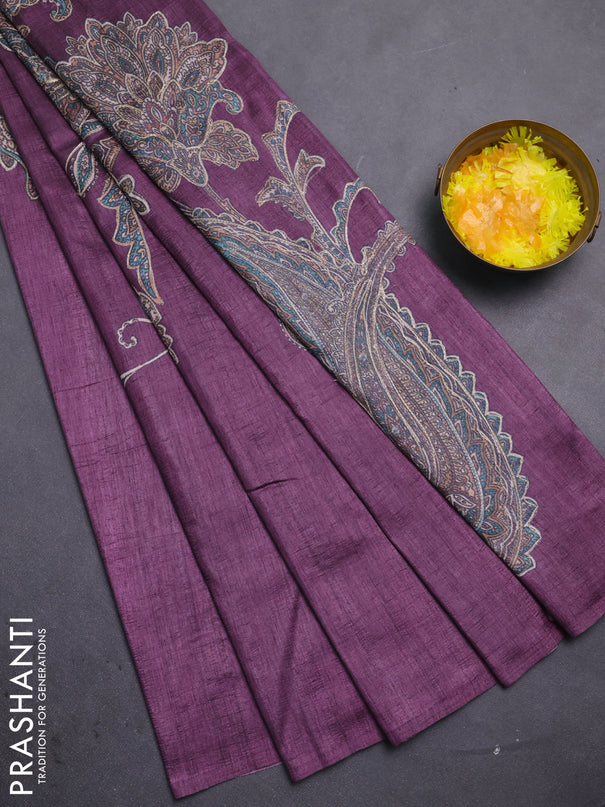 Semi tussar saree wine shade with embroidery work