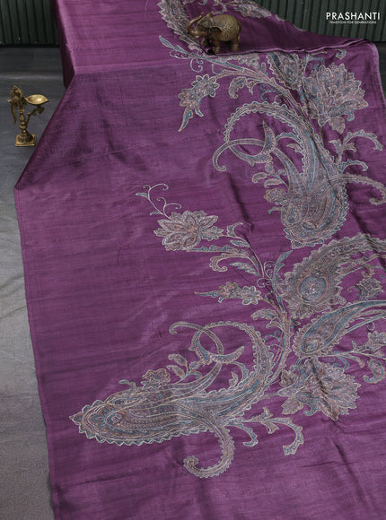 Semi tussar saree wine shade with embroidery work