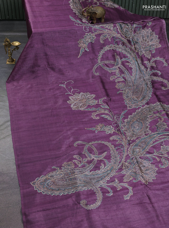 Semi tussar saree wine shade with embroidery work