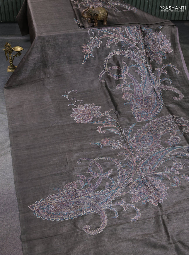 Semi tussar saree grey shade with embroidery work