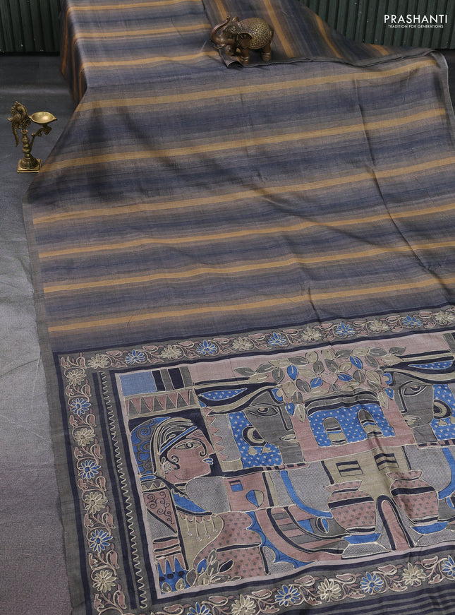 Semi tussar saree grey and sandal with plain body and embroidered pallu