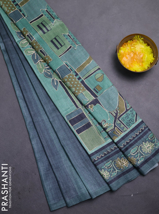 Semi tussar saree grey and green with plain body and embroidered pallu