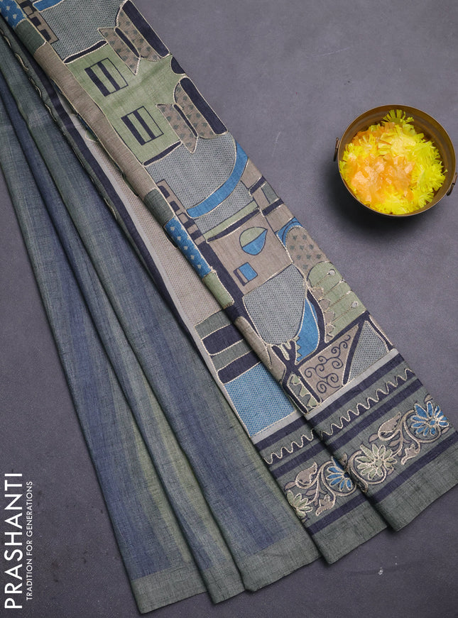 Semi tussar saree grey and elaichi green with plain body and embroidered pallu