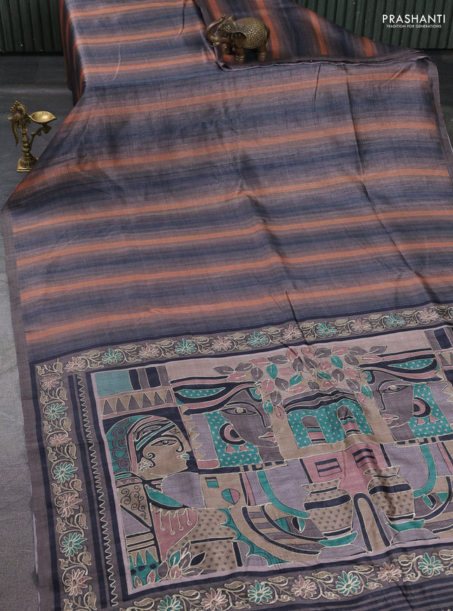 Semi tussar saree grey and rust shade with plain body and embroidered pallu