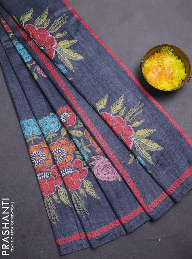 Semi tussar saree grey with plain body and embroidered pallu