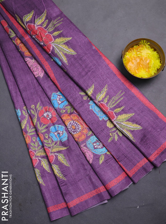 Semi tussar saree purple with plain body and embroidered pallu