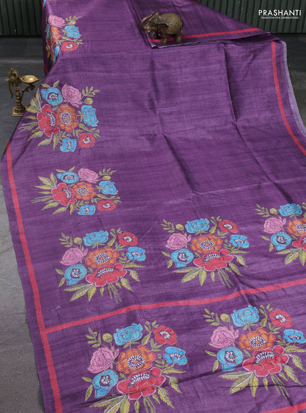 Semi tussar saree purple with plain body and embroidered pallu