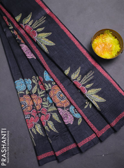 Semi tussar saree black with plain body and embroidered pallu