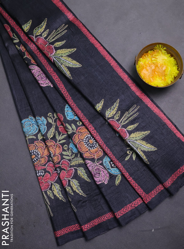 Semi tussar saree black with plain body and embroidered pallu