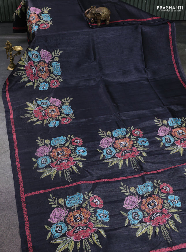 Semi tussar saree black with plain body and embroidered pallu