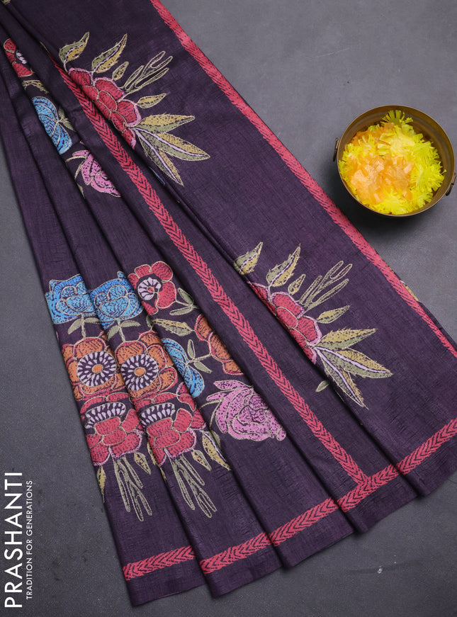 Semi tussar saree jamun with plain body and embroidered pallu