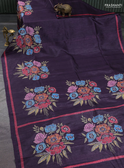 Semi tussar saree jamun with plain body and embroidered pallu