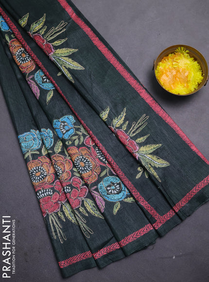 Semi tussar saree bottle green with plain body and embroidered pallu