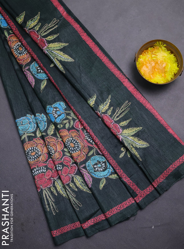 Semi tussar saree bottle green with plain body and embroidered pallu