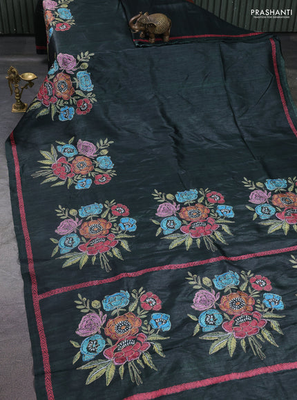 Semi tussar saree bottle green with plain body and embroidered pallu