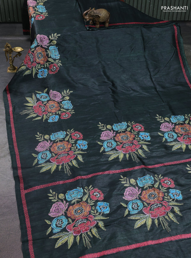 Semi tussar saree bottle green with plain body and embroidered pallu