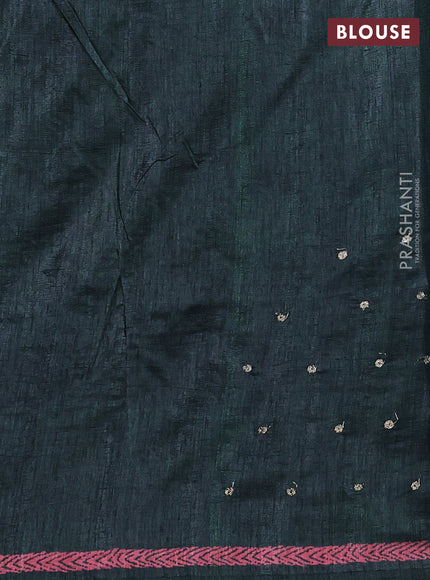 Semi tussar saree bottle green with plain body and embroidered pallu