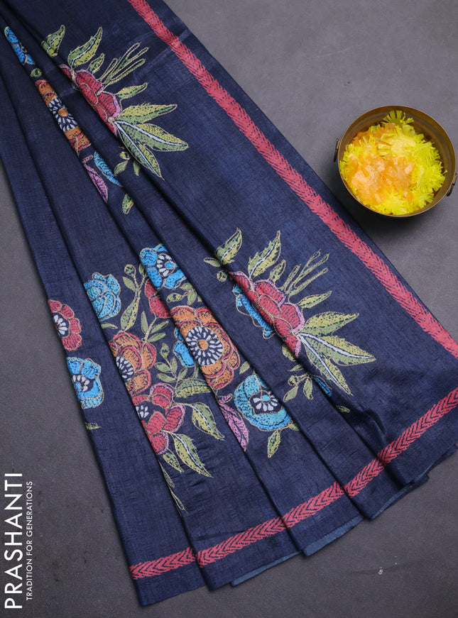 Semi tussar saree dark grey with plain body and embroidered pallu