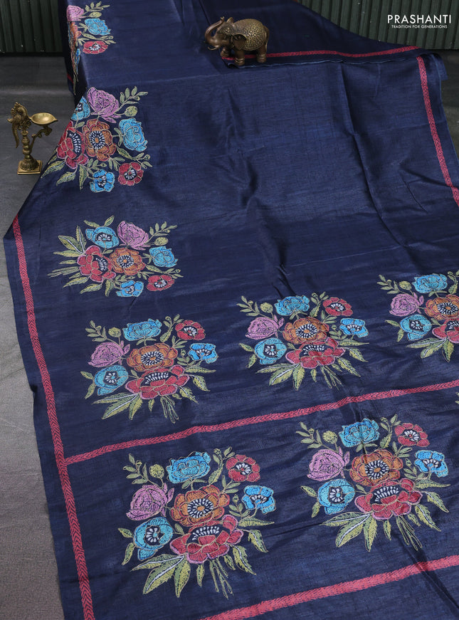Semi tussar saree dark grey with plain body and embroidered pallu