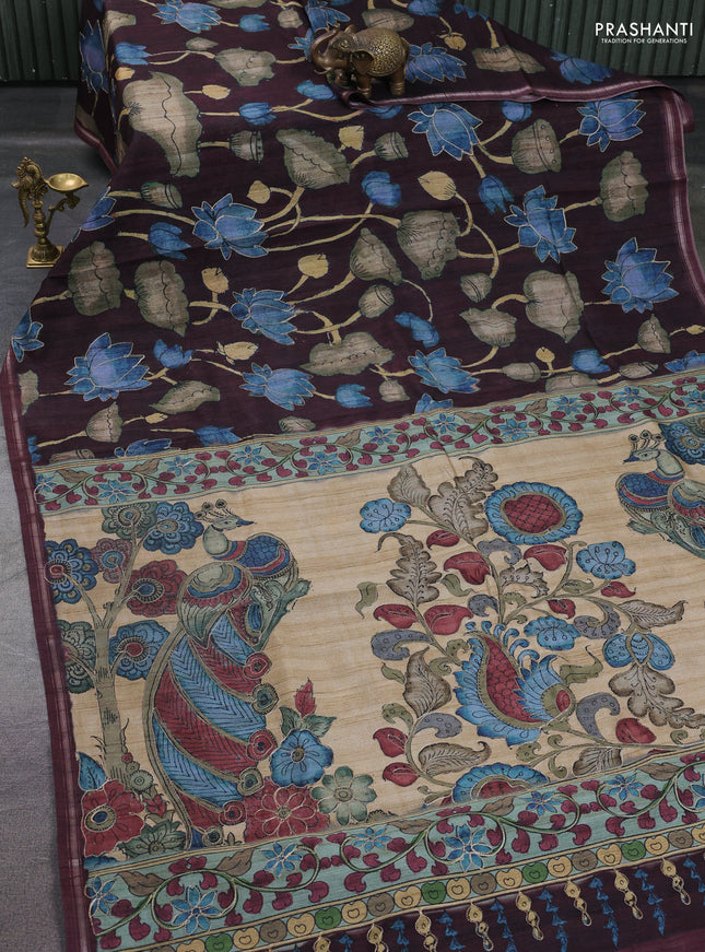 Semi tussar saree maroon and beige with allover kalamkari prints and embroidered pallu