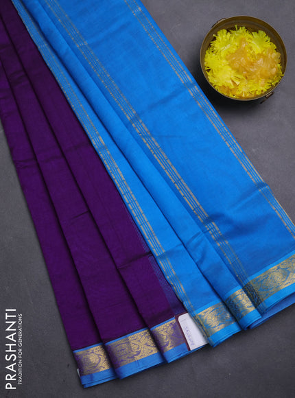 Silk cotton saree purple and cs blue with plain body and zari woven border