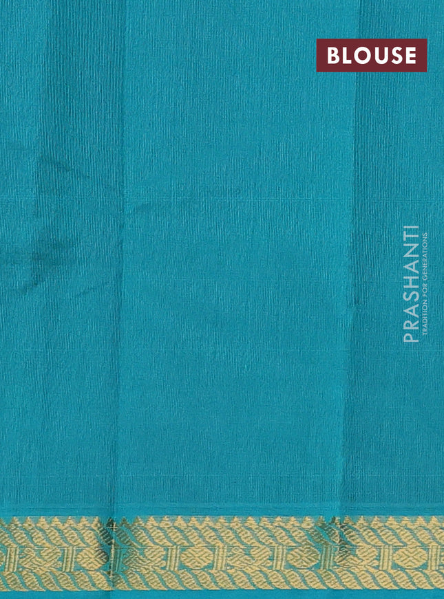 Silk cotton saree purple and teal blue with plain body and zari woven border