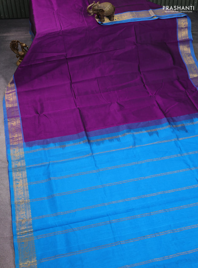 Silk cotton saree violet and cs blue with plain body and zari woven border