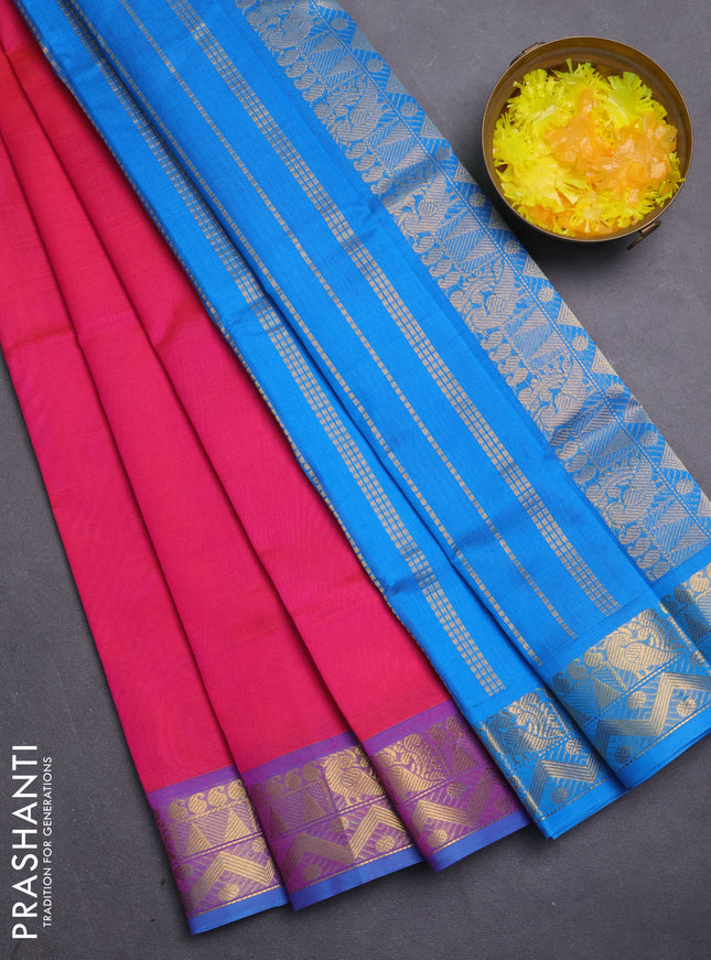Silk cotton saree pink and cs blue with plain body and zari woven border