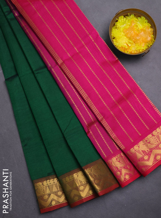 Silk cotton saree green and pink with plain body and zari woven border