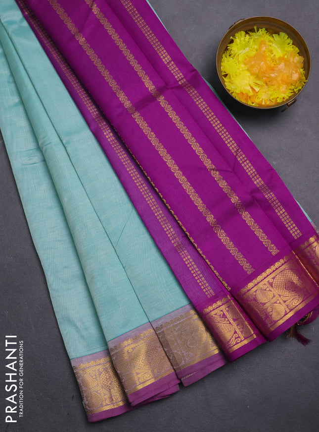 Silk cotton saree teal blue and magenta pink with plain body and annam zari woven border