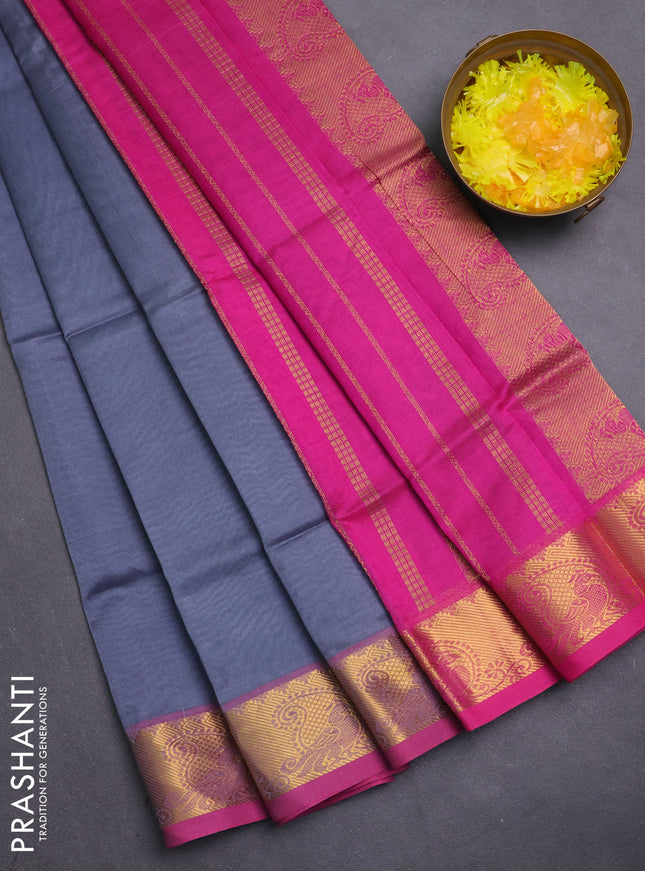 Silk cotton saree grey and pink with plain body and paisley zari woven butta border