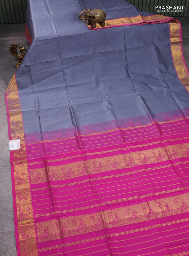 Silk cotton saree grey and pink with plain body and paisley zari woven butta border