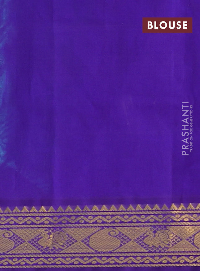 Silk cotton saree teal green shade and violet with plain body and zari woven border