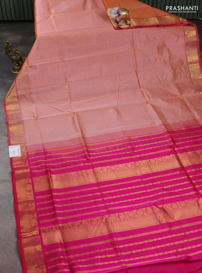 Silk cotton saree dual shade of peach orange and pink with plain body and zari woven border