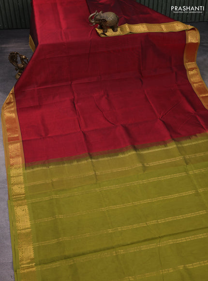 Silk cotton saree maroon and mehendi green with plain body and zari woven border