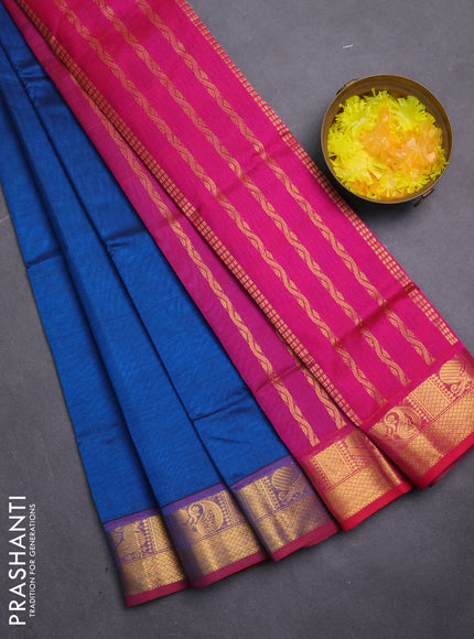 Silk cotton saree cs blue and pink with plain body and zari woven border