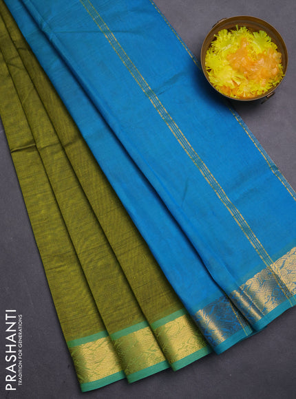 Silk cotton saree mehendi green and dual shade of teal blue with plain body and zari woven border