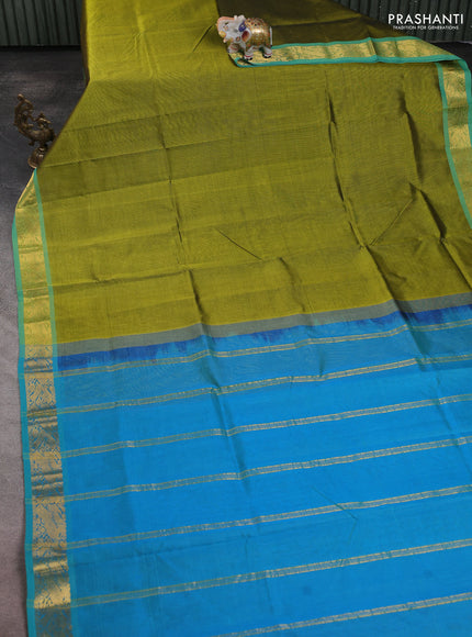 Silk cotton saree mehendi green and dual shade of teal blue with plain body and zari woven border