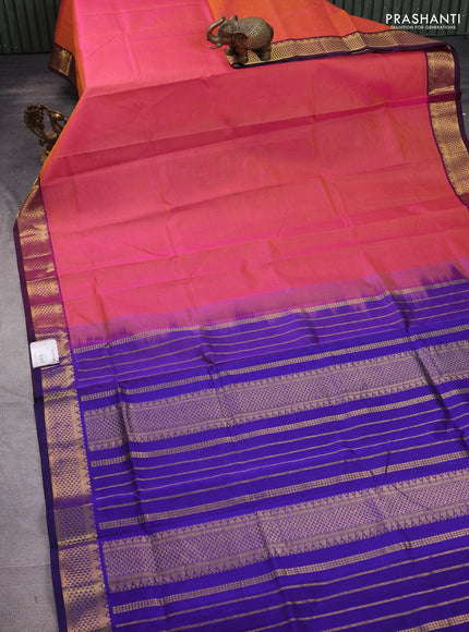 Silk cotton saree peach pink and blue with plain body and temple zari woven border